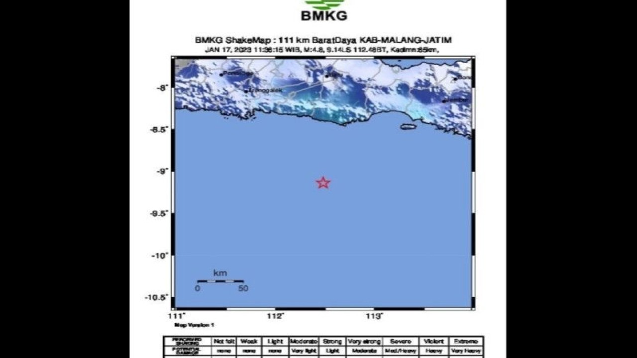 Peta gempa bumi M5,1 yang berpusat di laut atau 111 km arah barat daya Kabupaten Malang, Jawa Timur, Selasa (17/1/2023) pukul 11.36 WIB. (ANTARA/HO-BMKG)