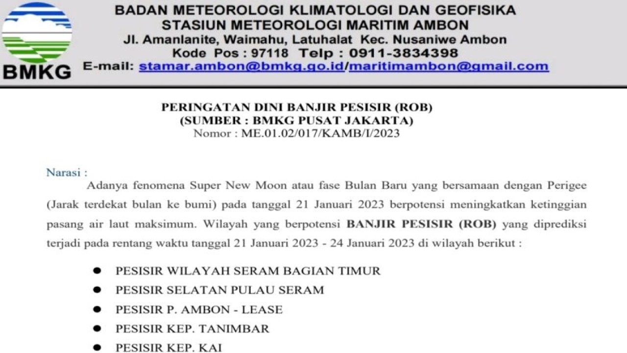 Badan Meteorologi Klimatologi dan Geofisika (BMKG) mengeluarkan peringatan dini adanya gelombang pasang laut yang berpotensi banjir rob di enam wilayah pesisir di provinsi Maluku. ANTARA/ HO - BMKG