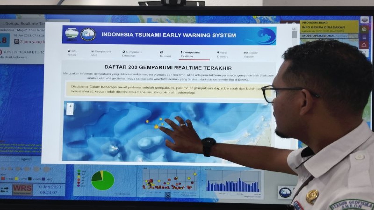 Petugas Badan Meteorologi, Klimatologi dan Geofisika (BMKG) Stasiun Geofisika kelas 1 Ambon memantau aktifitas gempa yang terjadi di Maluku, FOTO ANTARA/Penina F Mayaut.