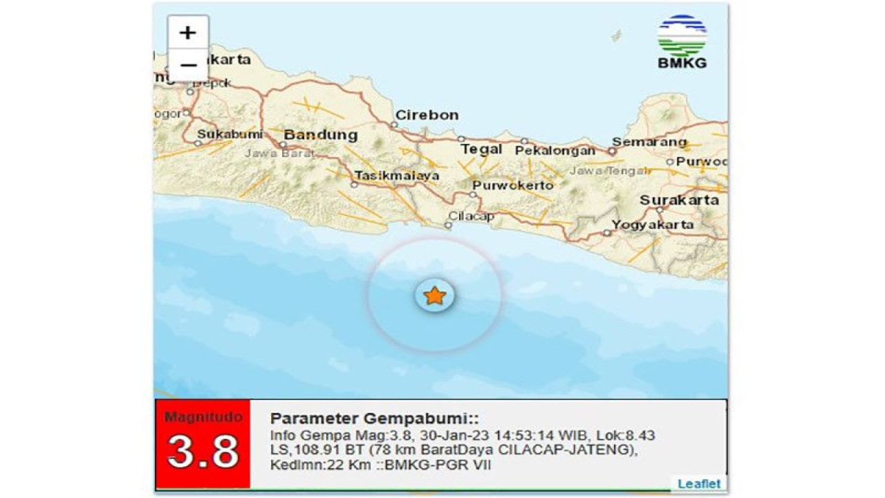 Gempa bermagnitudo 3,8 pada hari Senin (30/1) pukul 14.53 WIB, yang berlokasi di 8,43 lintang selatan dan 108,91 bujur timur atau 78 kilometer barat daya Cilacap dengan kedalaman 22 kilometer. ANTARA/HO-BMKG