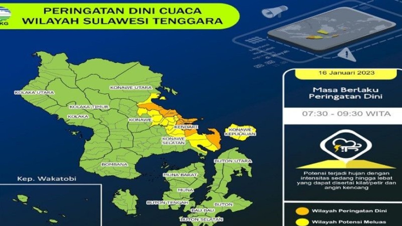 BMKG Kendari, Provinsi Sulawesi Tenggara memprakirakan potensi hujan sedang hingga lebat terjadi di empat wilayah kabupaten di Sultra yang terjadi sekitar pukul 07.30 Wita hingga siang hari. (Foto ANTARA/HO-BMKG Kendari)