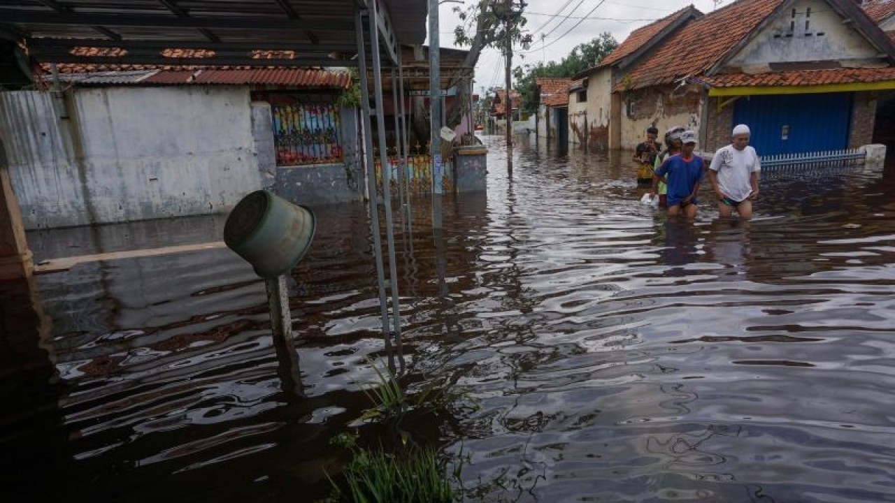 Warga berjalan melewati genangan air banjir di Tirto, Pekalongan, Jawa Tengah, Senin (2/1/2023). Banjir yang terjadi akibat hujan lebat dan meluapnya Sungai Bremi, Sungai Pekalongan, dan Sungai Banger menyebabkan banjir di sejumlah titik di Kota Pekalongan, dengan ketinggian air antara 10-70 centimeter. ANTARA FOTO/Harviyan Perdana Putra/foc.