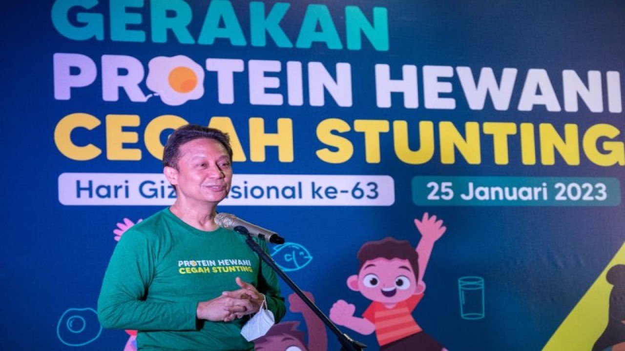 Menteri Kesehatan RI Budi Gunadi Sadikin saat menyampaikan pemaparan dalam Peringatan Hari Gizi Nasional di RPTA Kembangan, Jakarta, Rabu (25/1/2023). Menkes juga mendorong pentingnya Gerakan Pemberian Protein Hewani untuk mencegah stunting di Indonesia. (ANTARA/HO-Kemenkes).