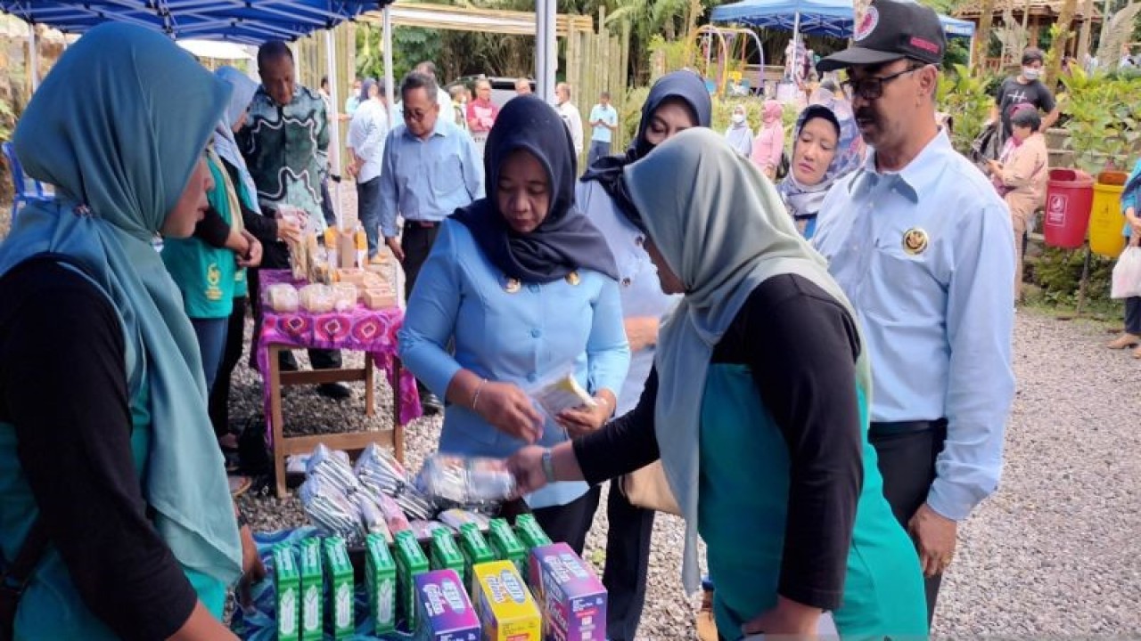 Bupati Sleman Kustini Sri Purnomo saat mengunjungi gerai UMKM di Kapanewon Turi, Sleman. ANTARA/Victorianus Sat Pranyoto