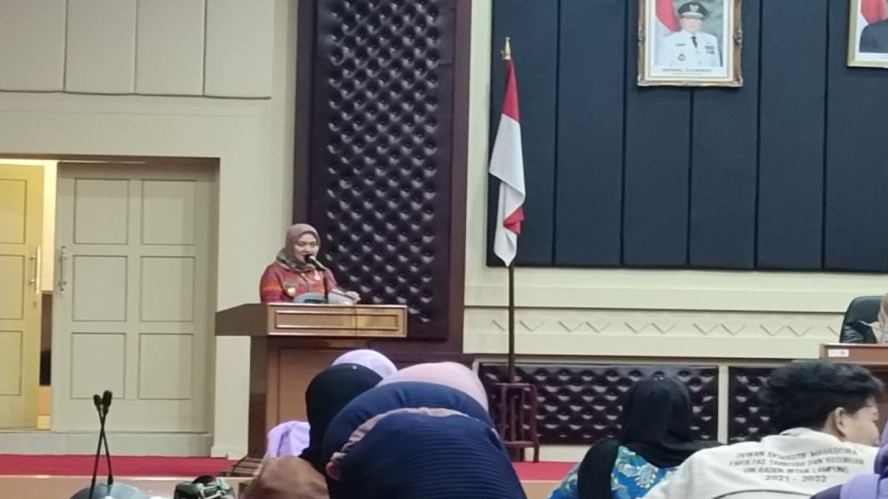 Wakil Gubernur Lampung Chusnunia Chalim saat memberi sambutan dalam peluncuran buku saku pencegahan tindak kekerasan perempuan dan anak, di Bandarlampung, Jumat (13/1/2023). ANTARA/Ruth Intan Sozometa Kanafi