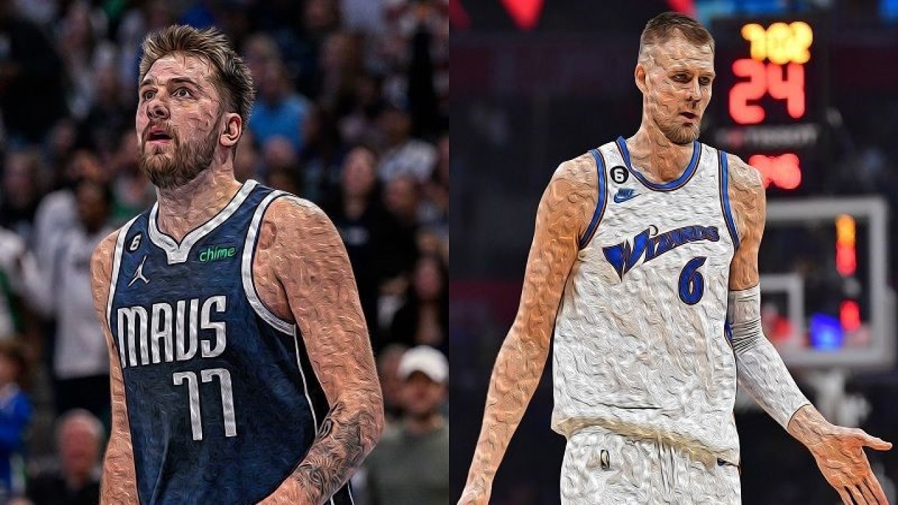 Kolase ilustrasi pemain terbaik pekan ke-11 NBA 2022-23 yakni bintang Dallas Mavericks Luka Doncic (kiri) dan pilar Washington Wizards Kristaps Porzingis. (ANTARA/Gilang Galiartha)