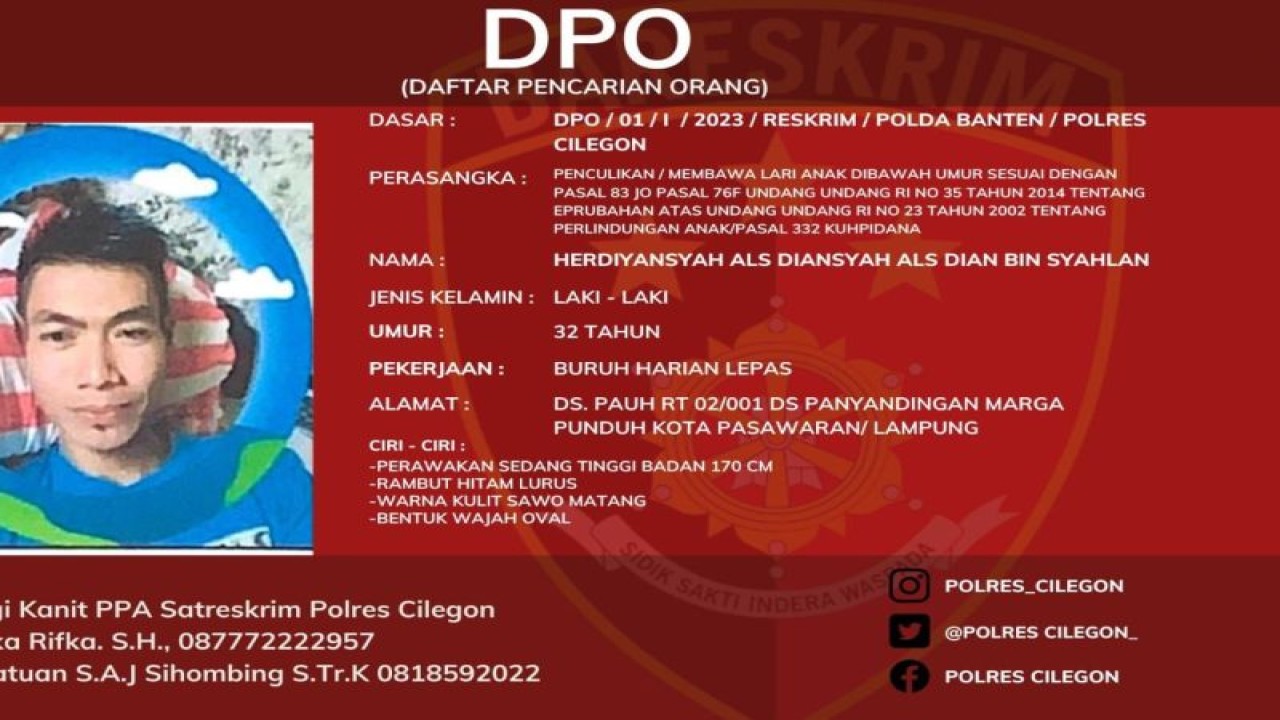 Polres Cilegon terbitkan DPO pelaku penculikan anak. ANTARA/Mulyana