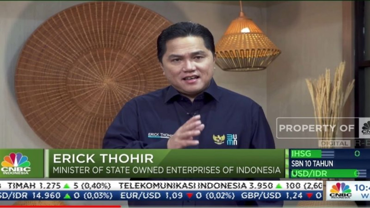 Tangkapan layar Menteri BUMN Erick Thohir dalam BRI Micro Finance Outlook 2023 di Jakarta, Kamis (26/1/2023). (ANTARA/Youtube BANK BRI)