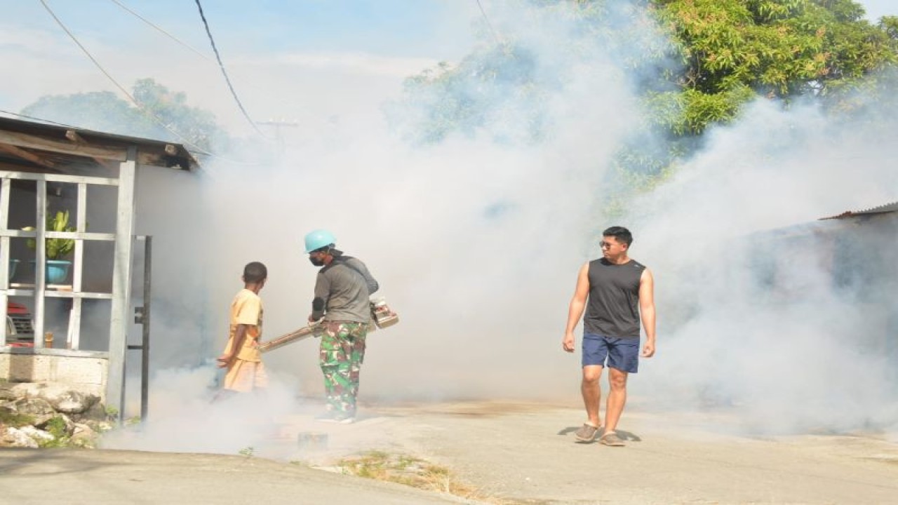 Petugas Lantamal X Jayapura saat melakukan fogging di kompleks perumahan setempat di Kota Jayapura, Papua, Sabtu (14/1/2023). ANTARA/ HO - Humas Lantamal X Jayapura