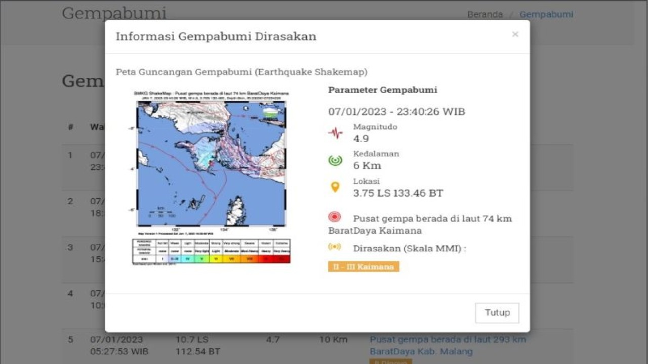 Tangkapan layar peta guncangan gempa bermagnitudo 4,9 yang melanda Kaimana, Papua Barat, pada Sabtu (7/1/2023) malam WIB, sebagaimana dirilis Badan Meteorologi, Klimatologi, dan Geofisika (BMKG). (ANTARA/Gilang Galiartha)