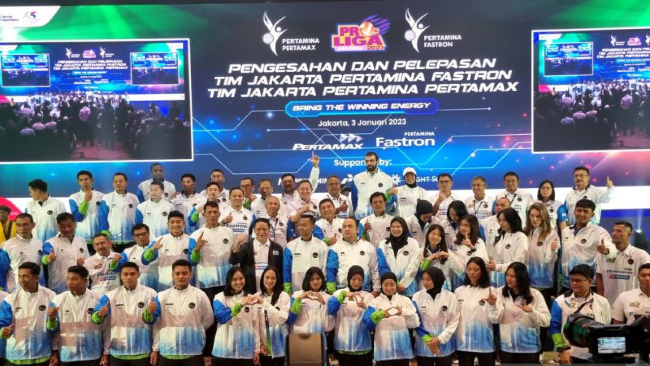 Pelepasan tim Proliga 2023 Jakarta Pertamina Fastron dan Jakarta Pertamina Pertamax di Graha Pertamina, Jakarta, Selasa (3/1/2023). ANTARA/Bayu Kuncahyo