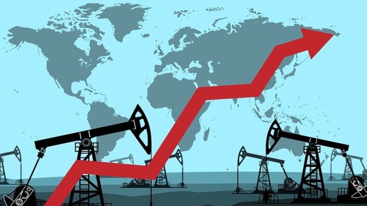 Ilustrasi - Pertumbuhan grafis dan rig minyak. Harga minyak dunia naik. Harga minyak dunia naik/pri.
