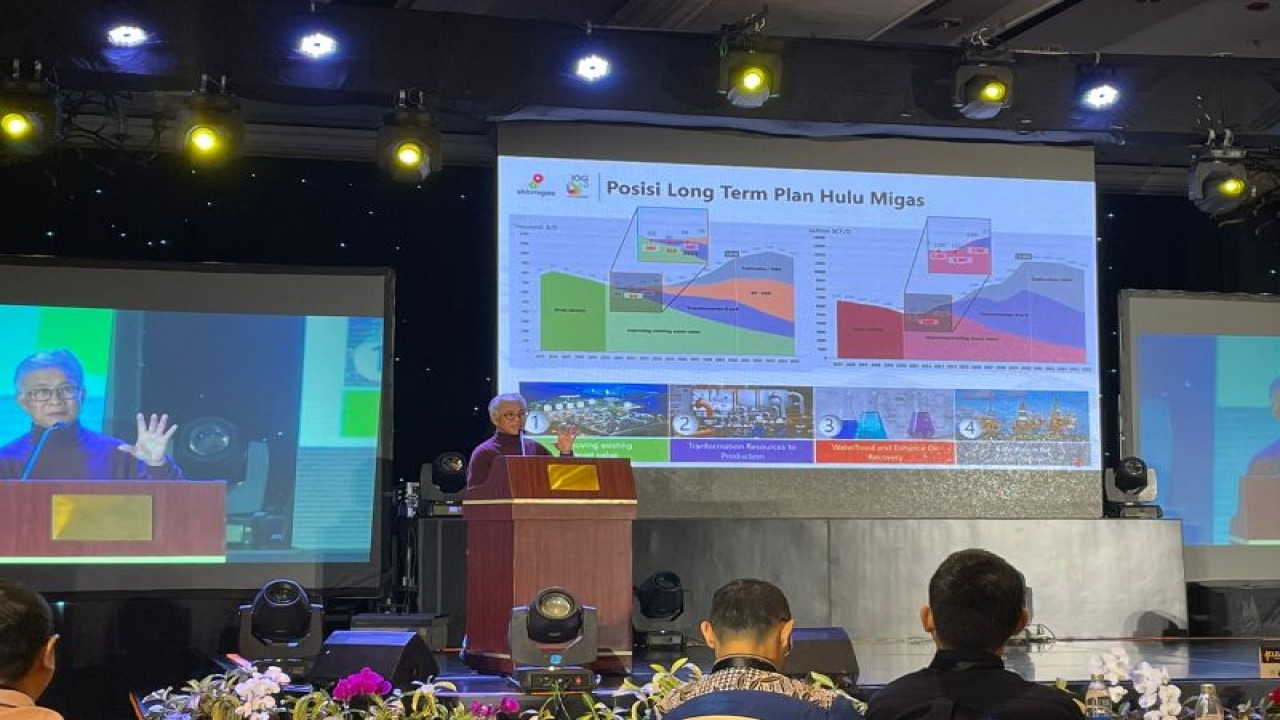 Kepala SKK Migas Dwi Soetjipto saat berbicara dalam acara Forum Leadership Hulu Migas 2023 di Jimbaran, Bali, Selasa (17/1/2023). ANTARA/HO-SKK Migas.