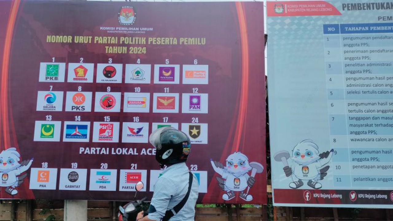 Seorang warga sedang mengamati baliho pengumuman parpol peserta Pemilu 2024 di halaman kantor KPU Rejang Lebong, Provinsi Bengkulu. ANTARA/Nur Muhamad.