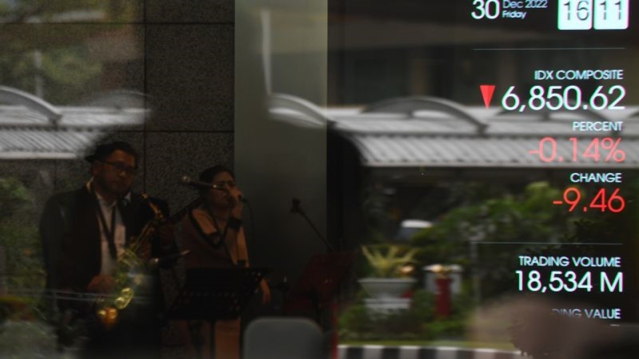Layar menampilkan pergerakan perdagangan saham di Bursa Efek Indonesia (BEI), Jakarta, Jumat (30/12/2022). ANTARA FOTO/Hafidz Mubarak A/rwa.