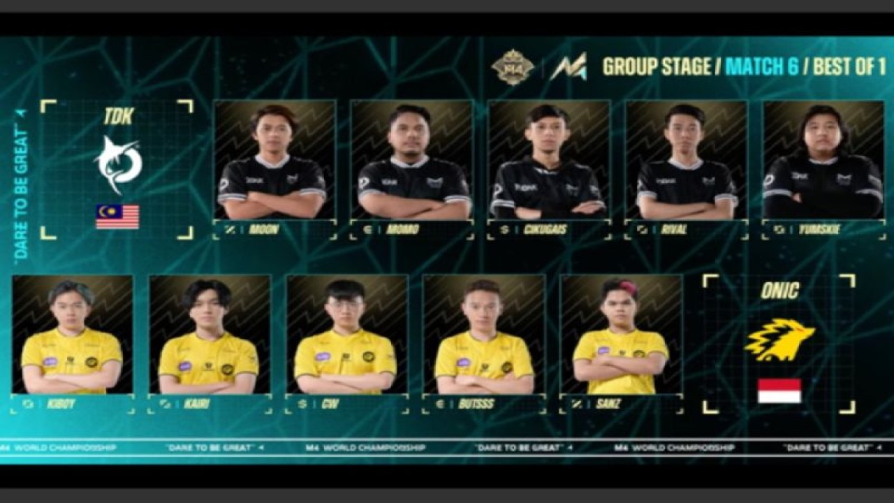 Tangkap layar - Line up pemain tim Malaysia Todak (atas) dan tim Onic Esports (bawah) dalam pertandingan Grup Stage hari pertama turnamen Mobile Legends: Bang-Bang (MLBB) tingkat dunia M4 World Championship yang digelar di Bali United Studio, Jakarta, Minggu (1/1/2023). (ANTARA/youtube.com/Mobile Legends: Bang-Bang)