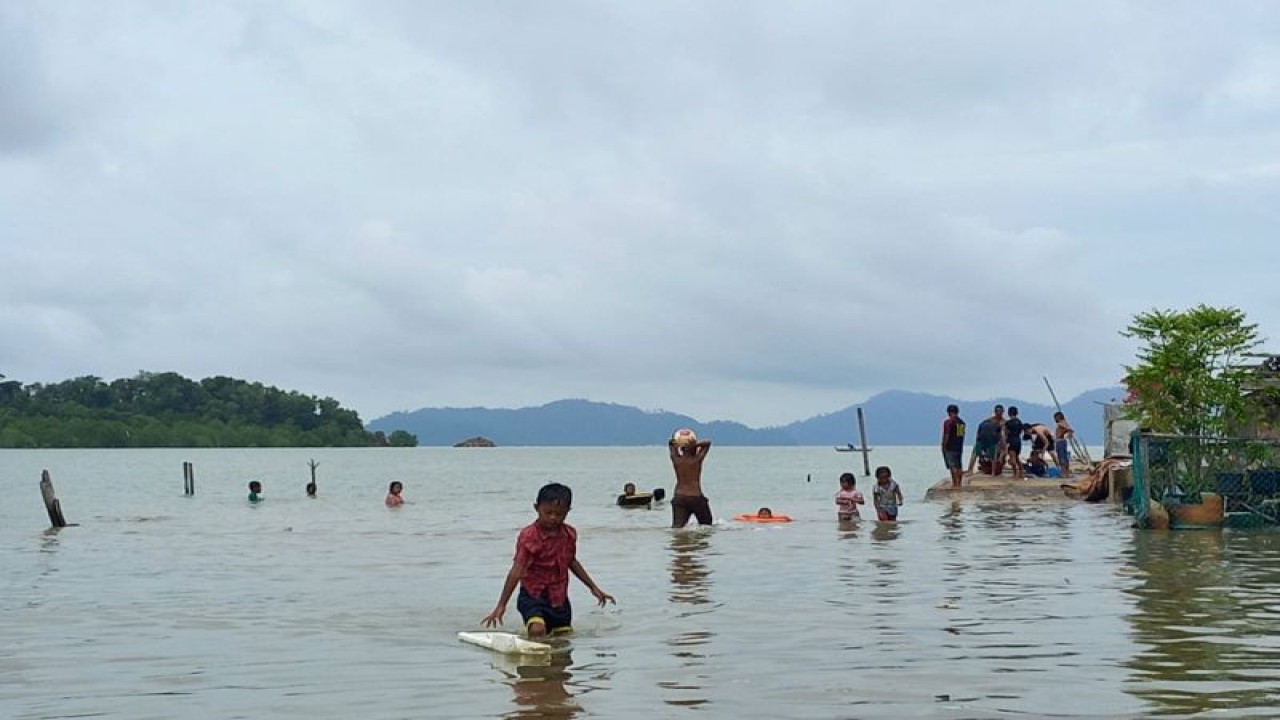 Anak-anak di Pamak Laut, Kabupaten Karimun, Kepri, berenang air laut di tengah fenomena banjir rob, Senin (23/1). (ANTARA/HO-Warga Pamak Laut di Kabupaten Karimun)