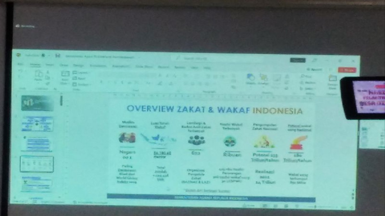 Paparan materi Kepala Subdirektorat Akreditasi dan Audit Lembaga Zakat Direktorat Pemberdayaan Zakat dan Wakaf Kemenag, Muhibuddin dalam seminar bertema "Masihkah Filantropi Islam Bisa Dipercaya?" yang digelar Harian Republika di Jakarta, Kamis (14/7/2022). (ANTARA/ Zubi Mahrofi)