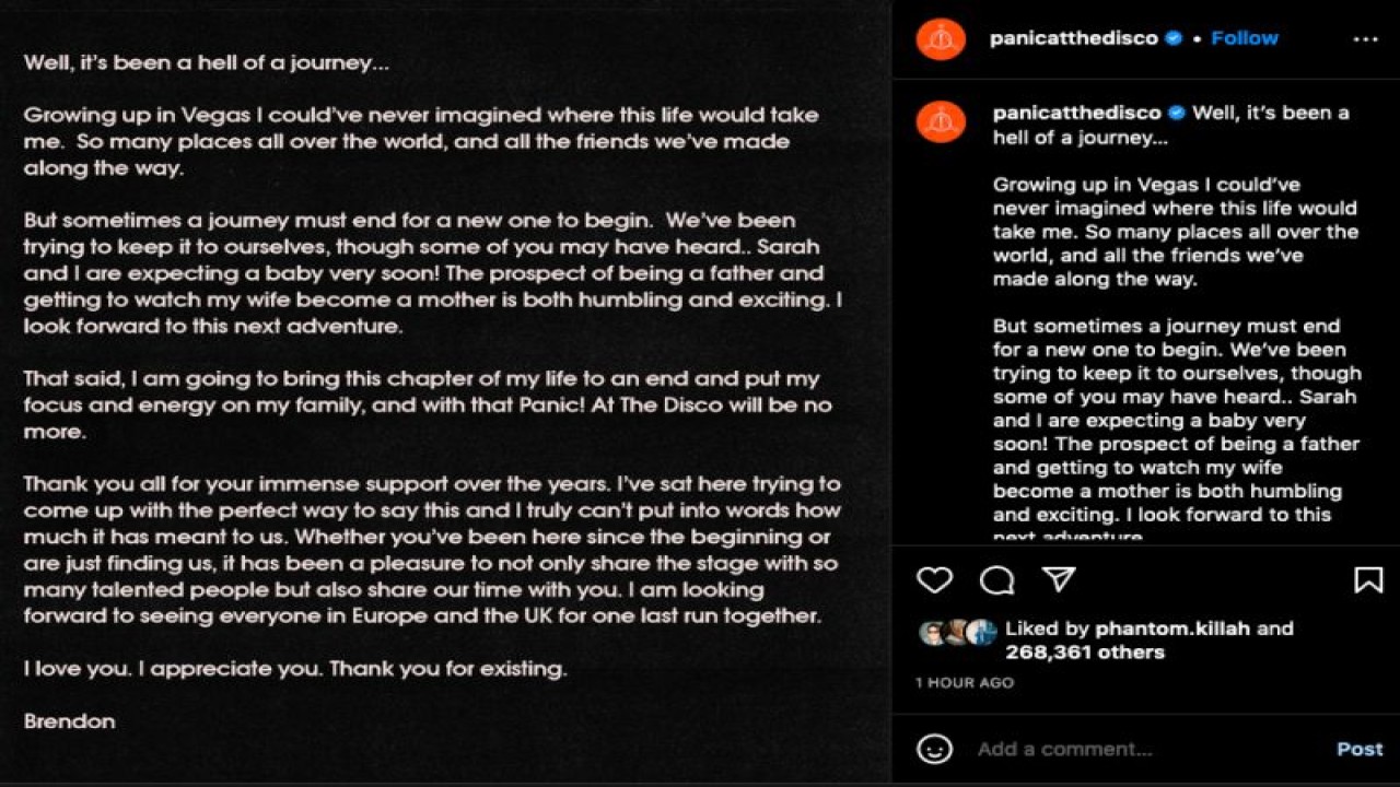 Pengumuman bubarnya Panic! at The Disco oleh Brendon Urie, Selasa (24/1). (instagram/panicatthedisco)