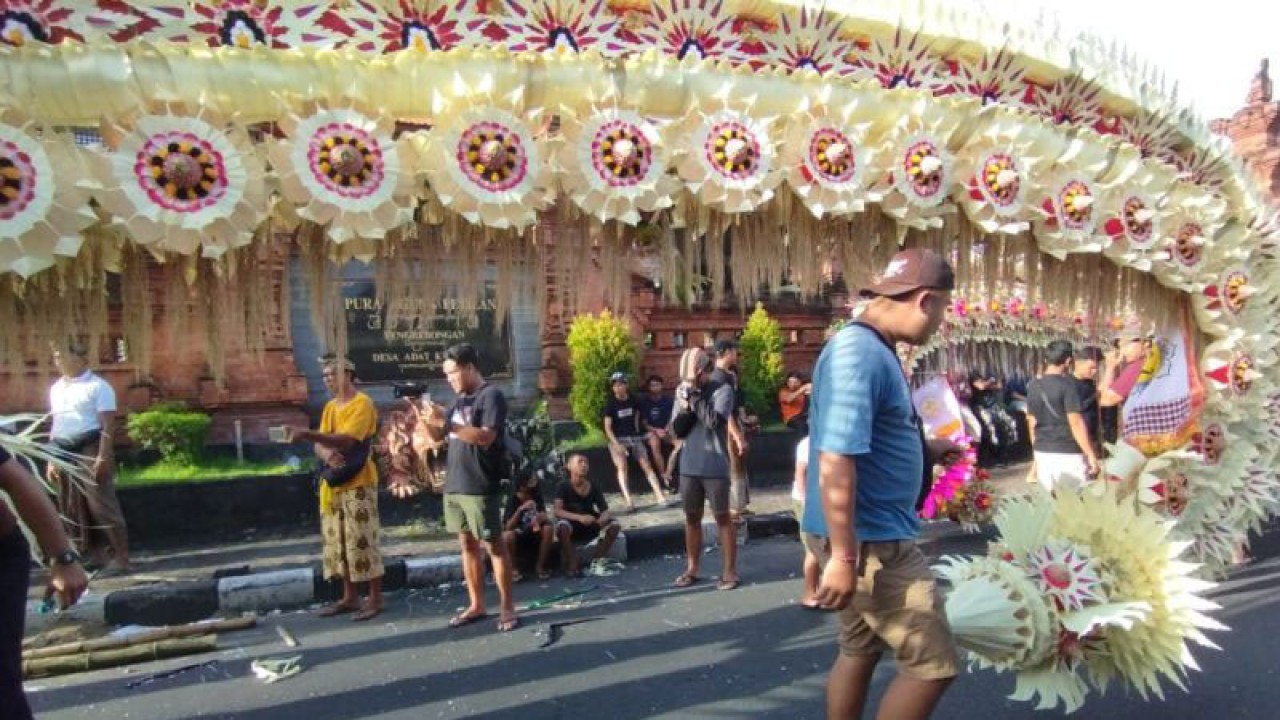 Proses pembuatan penjor oleh seka taruna di Desa Adat Kesiman dalam perayaan tradisi Ngerebong di Denpasar, Bali, Sabtu (21/1/2023). ANTARA/Ni Putu Putri Muliantari