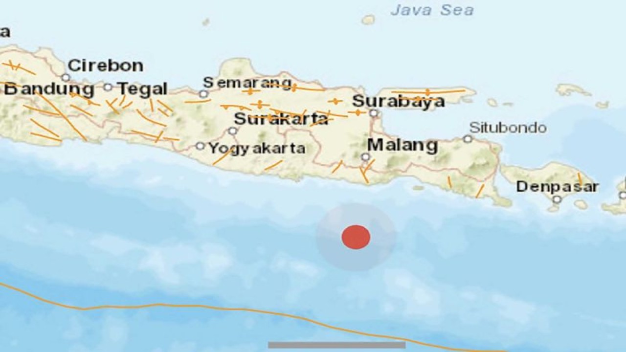 Peta guncangan gempa bumi Magnitudo 5,1 yang terjadi di barat daya Kabupaten Malang, Jawa Timur, Selasa (17/1/2023). ANTARA/HO-BMKG.