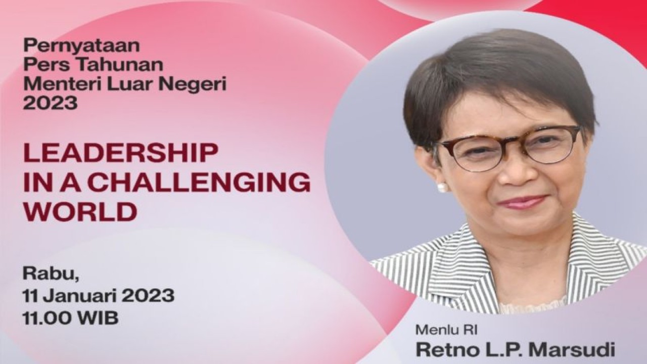 Poster acara Pernyataan Pers Menteri Luar Negeri RI (PPTM) 2023. (ANTARA/HO-Kemlu RI)