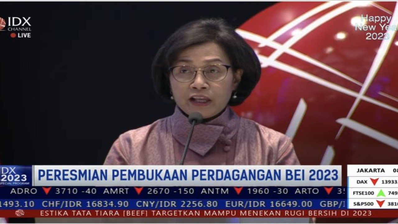 Tangkapan layar Menteri Keuangan Sri Mulyani Indrawati dalam Pembukaan Perdagangan Bursa Efek Indonesia 2023 di Jakarta, Senin (2/1/2023). (ANTARA/AstridFaidlatulHabibah)