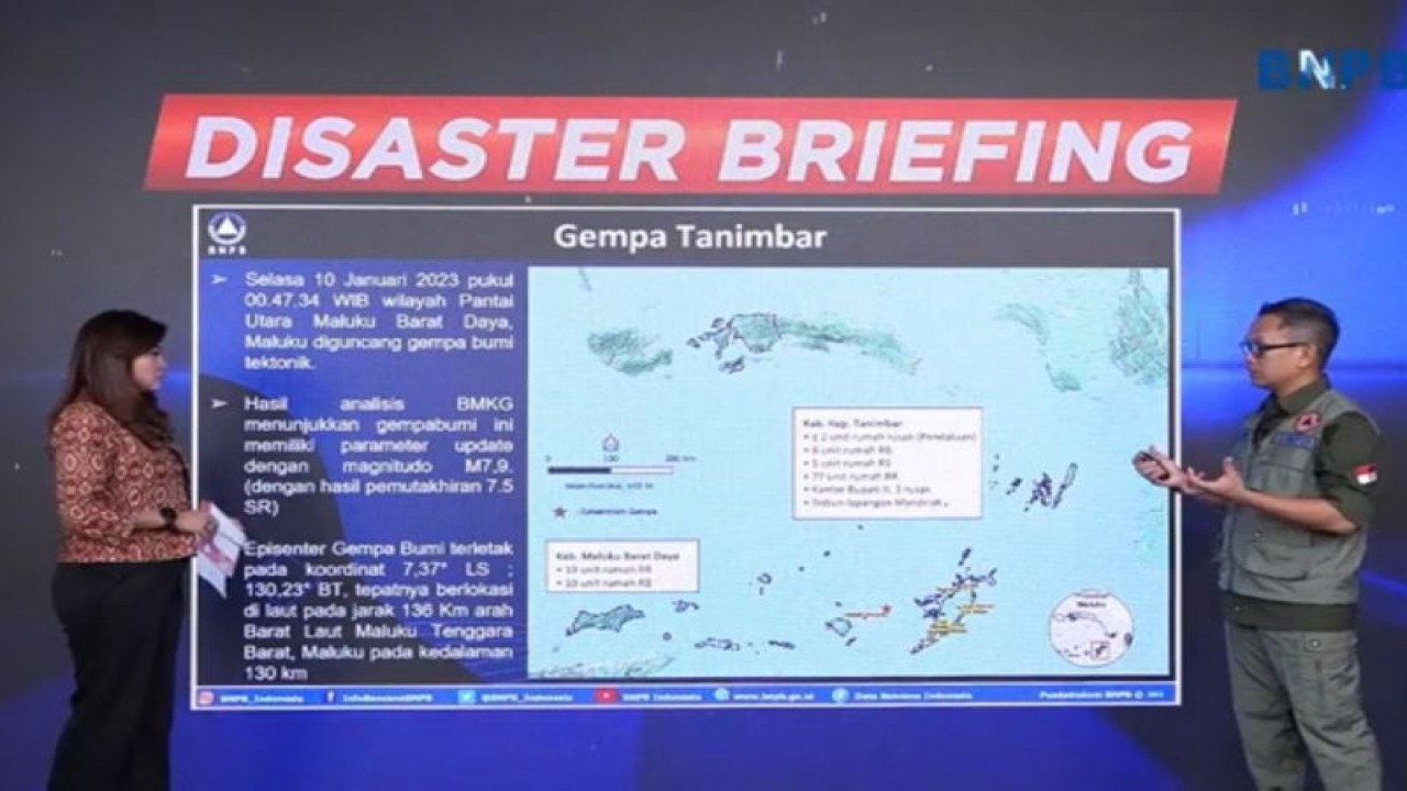 Tangkapan layar - Pelaksana tugas Kepala Pusat Data dan Informasi Kebencanaan BNPB Abdul Muhari menjelaskan fenomena gempa di Kepulauan Tanimbar, Maluku dalam Disaster Briefing diikuti daring di Jakarta, Selasa (10/1/2023). (Antara/Devi Nindy)