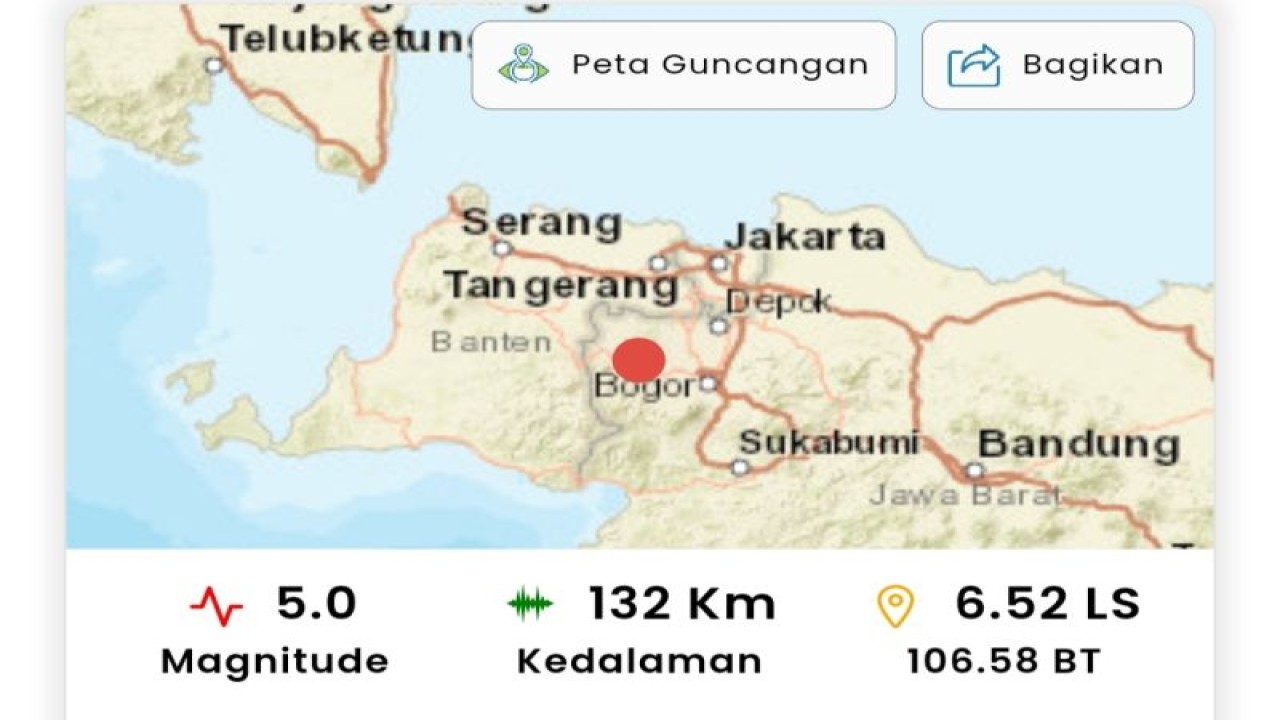 Tangkapan layar - BMKG mencatat gempa dengan magnitudo 5 terjadi sekitar 25 kilometer barat laut Kota Bogor, Jawa Barat, Minggu (15/1/2023). ANTARA/aplikasi/InfoBMKG