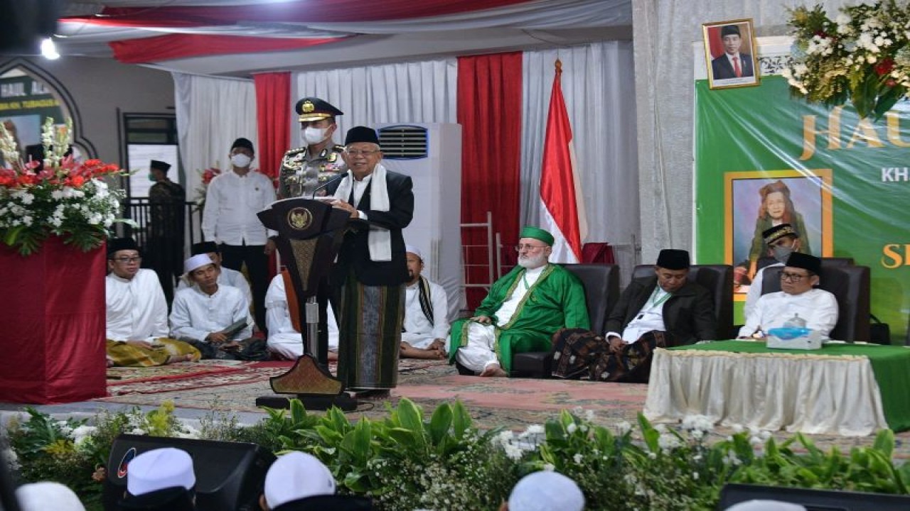 Wakil Presiden RI Ma’ruf Amin saat menghadiri Haul KH. TB. Muhammad Falak Abbas ke-51, di Bogor, Jawa Barat, Sabtu (7/1/2023). ANTARA/HO-BPMI Setwapres