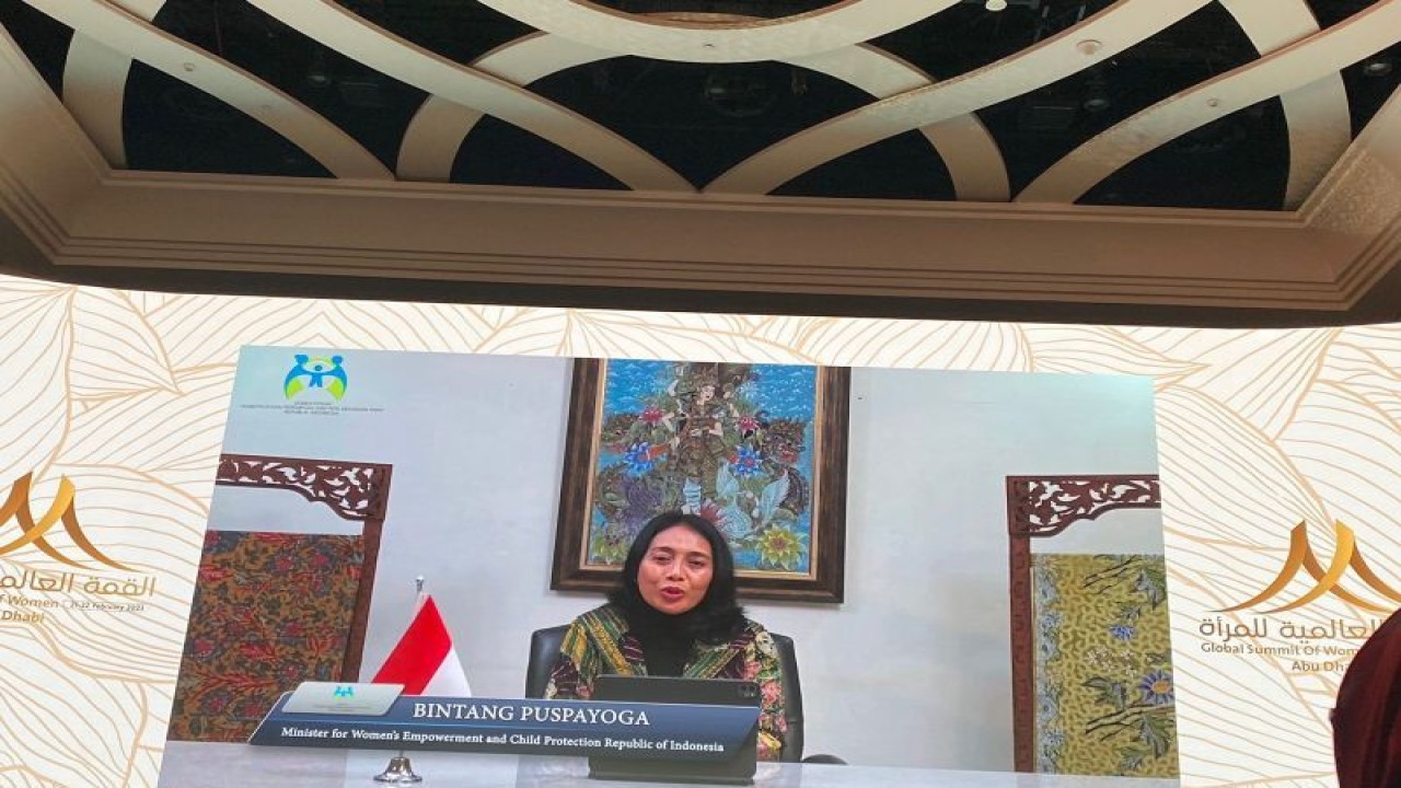 Menteri Pemberdayaan Perempuan dan Perlindungan Anak Bintang Puspayoga hadir secara daring sebagai pembicara pada Global Summit of Women di Abu Dhabi, United Arab Emirates. (ANTARA/ HO-Kemen PPPA)