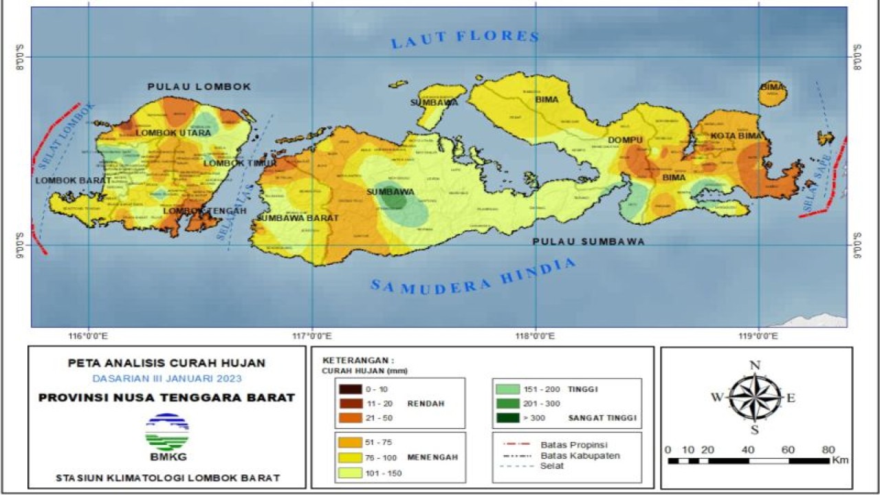 Peta potensi hujan di wilayah NTB (ANTARA/Humas BMKG NTB)
