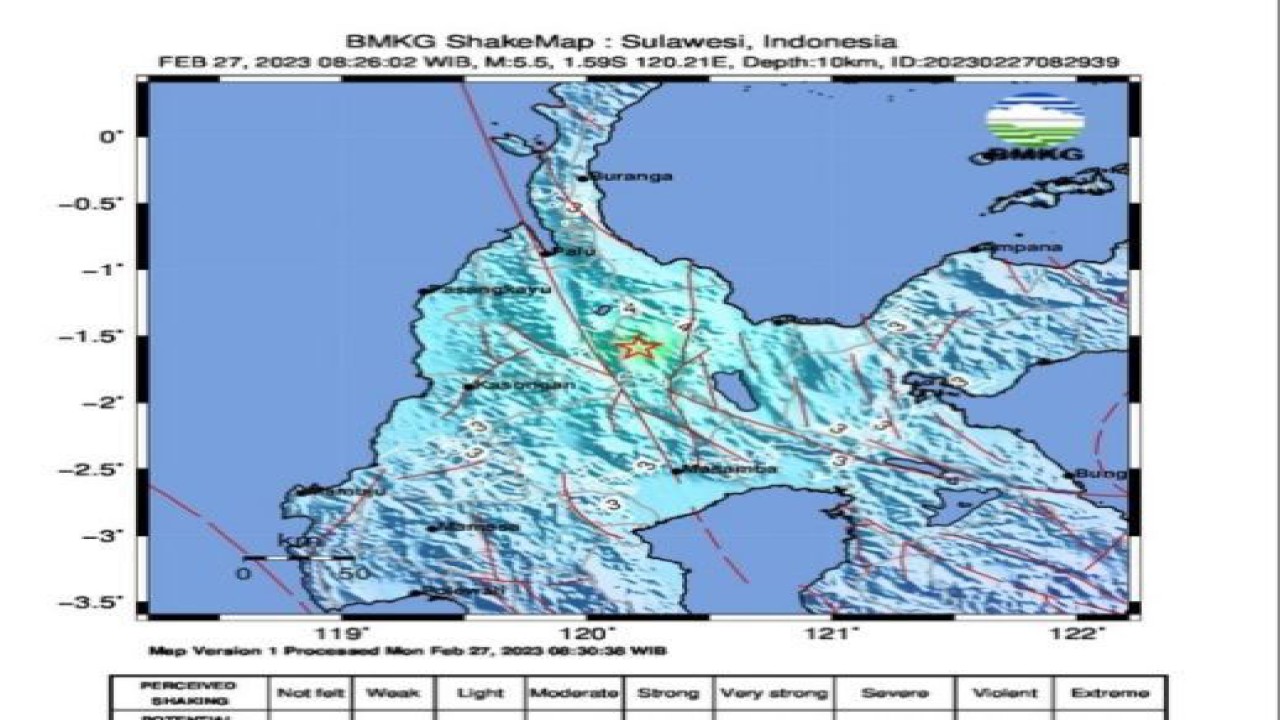 Peta pusat gempa dengan magnitudo 5, 5 yang terjadi pada Senin Senin (27/2/2023) pukul 08.26 WIB di tenggara Sigi, Sulawesi Tengah. (HO-BMKG