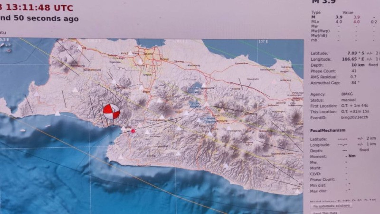 Tangkapan layar peta gempa bumi M4,0 guncang wilayah Kabupaten Sukabumi, Jawa Barat pukul 20:11:48 WIB, Selasa (28/2/2023) (ANTARA/HO-BMKG)