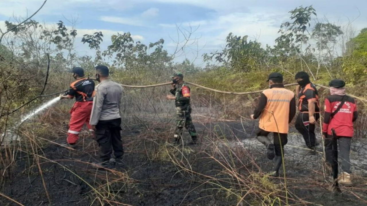 Petugas Pusdalops BPBD Kabupaten Penajam Paser Utara, Kalimantan Timur dibantu pihak terkait memadamkan karhutla tahun 2022, setelah mendapat informasi titik panas dari BMKG Balikpapan. (ANTARA/HO-Pusdalops Kabupaten PPU)