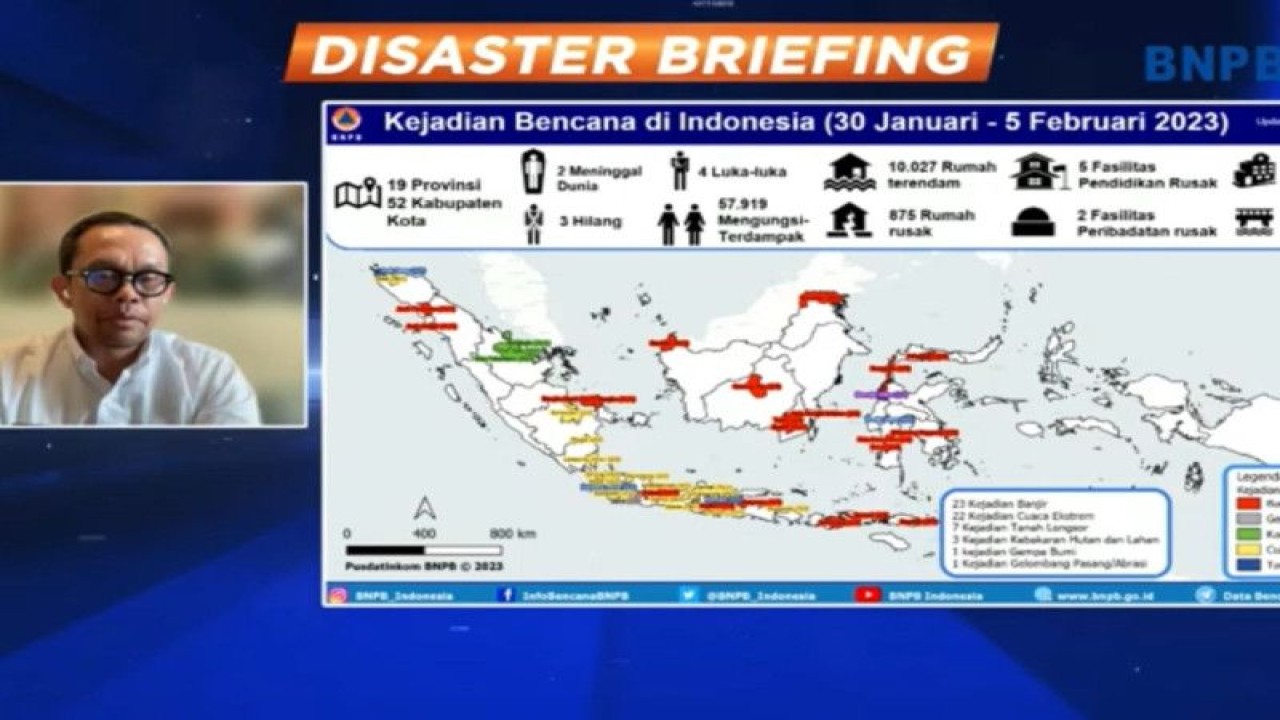 Tangkapan layar Pelaksana Tugas Kepala Pusat Data dan Informasi Kebencanan BNPB Abdul Muhari dalam Disaster Briefing secara daring di Jakarta, Senin (6/2/2023). (FOTO ANTARA/Ho-O-Youtube BNPB)