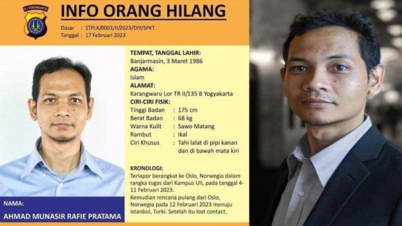 Dosen UII Yogyakarta, Ahmad Munasir Raf'ie Pratama yang dilaporkan hilang dalam perjalanan pulang ke ke Indonesia dari Norwegia/ist