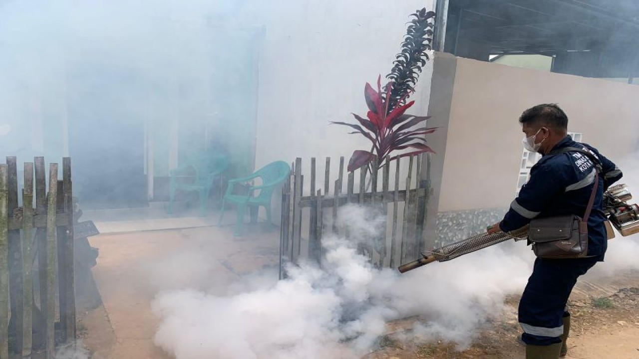 Petugas melakukan pengasapan di salah satu rumah warga Palembang, Jumat (10/2/2023). (ANTARA/Ahmad Rafli Baiduri)