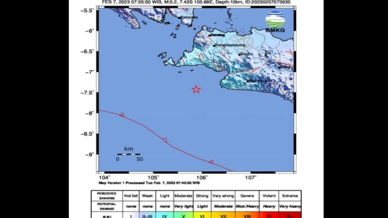 Peta gempa berkekuatan magnitudo 5,2 mengguncang wilayah Banten pukul 07.35 WIB, Selasa (7/2/2023). (ANTARA/HO-BMKG)