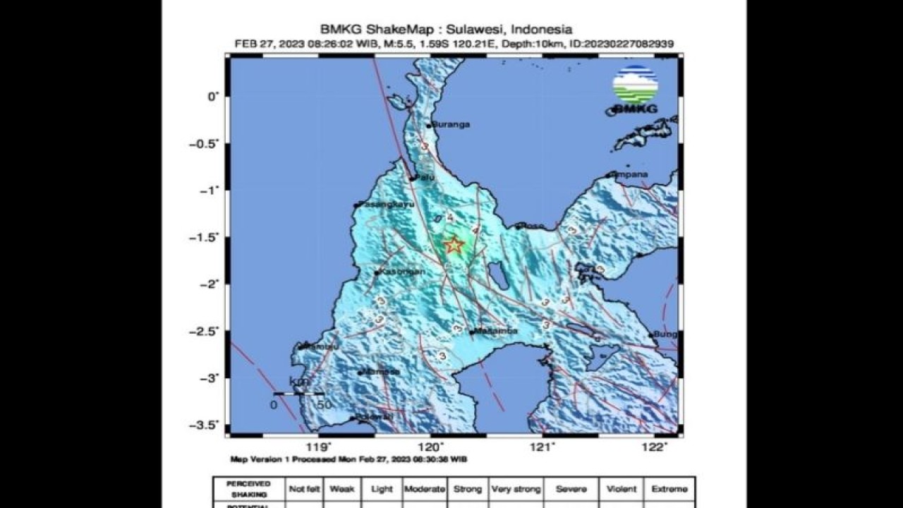 Peta pusat gempa dengan magnitudo 5, 5 yang terjadi pada Senin Senin (27/2/2023) pukul 08.26 WIB di tenggara Sigi, Sulawesi Tengah. (HO-BMKG)