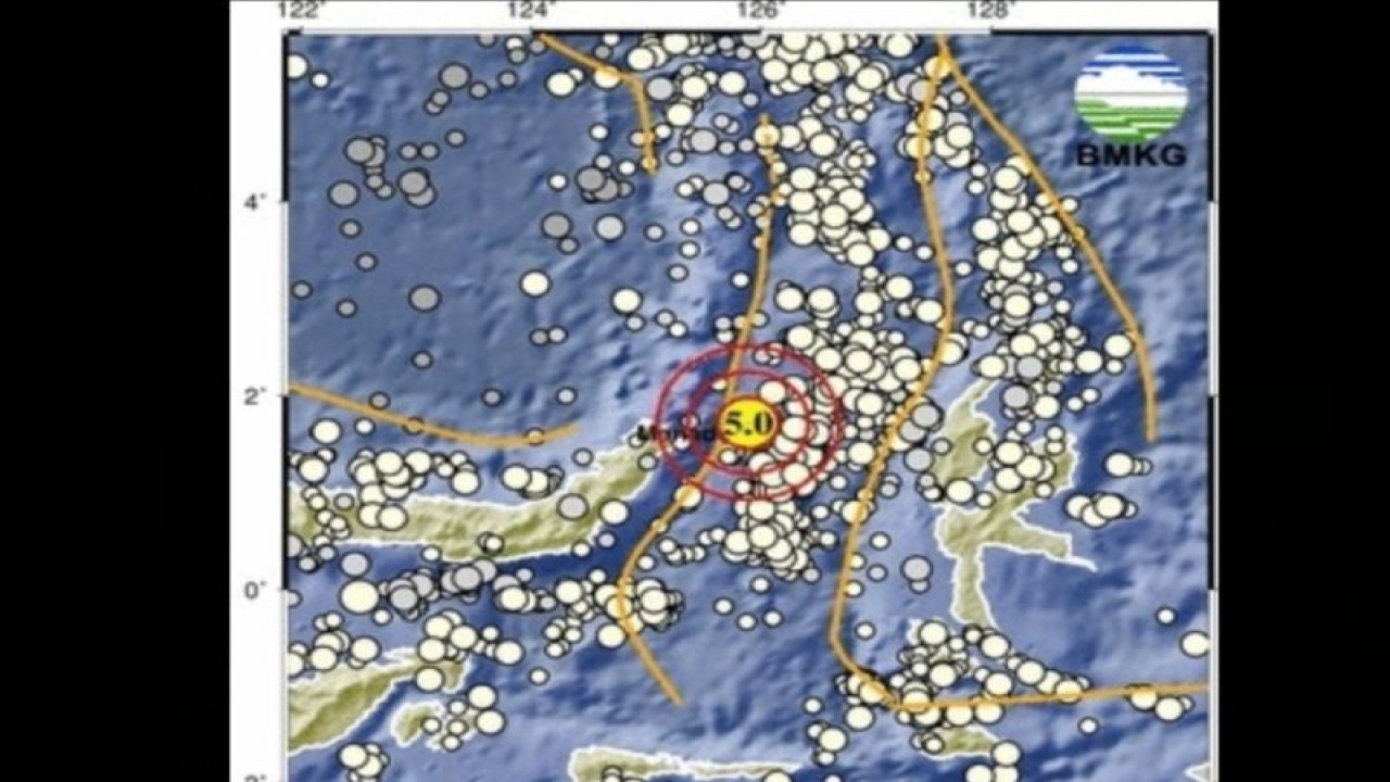 Peta gempa magnitudo 5,0 di wilayah Bitung, Sulawesi Utara pukul 12.52 WIB, Minggu (26/2/2/023). (ANTARA/HO-BMKG)