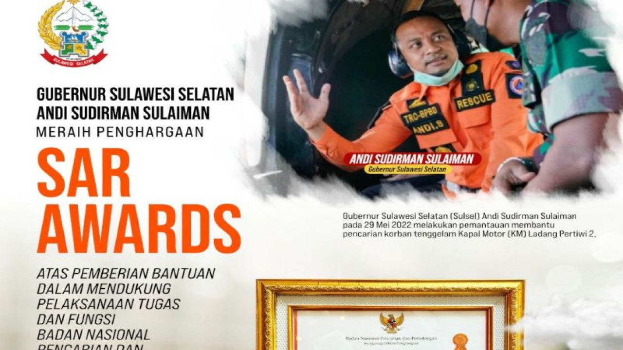 Gubernur Sulsel menerima penghargaan SAR Award 2023.ANTARA/HO.