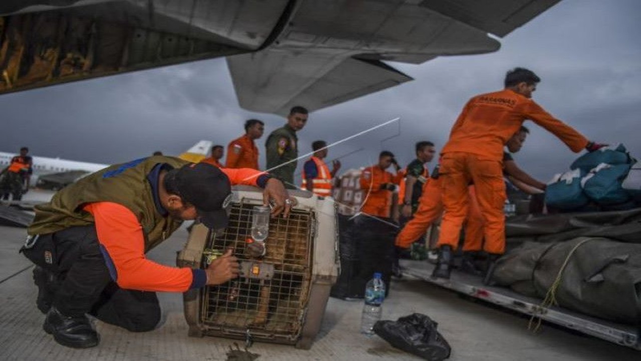 Petugas mempersiapkan logistik bantuan untuk korban gempa bumi Turki ke dalam pesawat Hercules C-130 TNI AU di Lanud Halim Perdanakusuma, Jakarta, Sabtu (11/2/2023). ANTARA FOTO/Galih Pradipta
