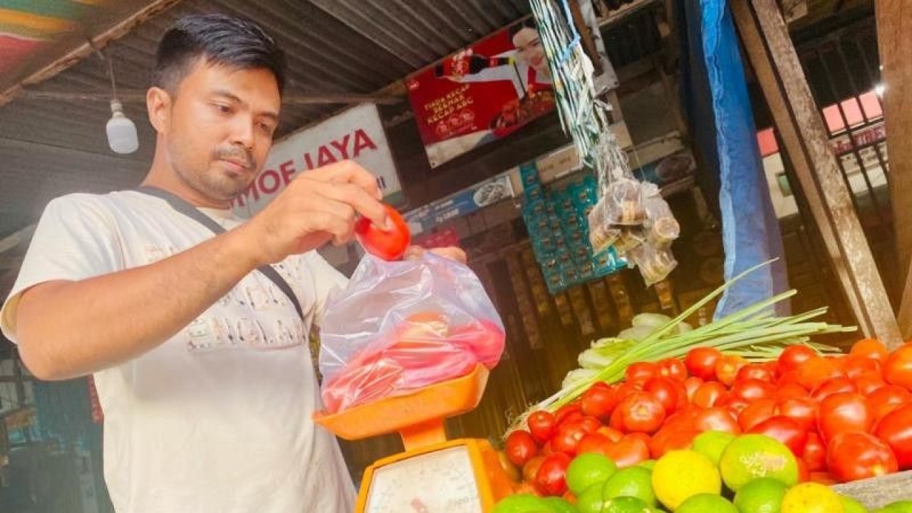 Seorang pedagang menimbang sayuran jenis tomat di Kompleks Pasar Bina Usaha Meulaboh, Kabupaten Aceh Barat, Kamis (2/2/2023). Hingga kini, sejumlah bahan pokok pangan di daerah itu mengalami kenaikan berkisar antara 30 persen hingga 50 persen untuk setiap jenisnya. ANTARA/Teuku Dedi Iskandar.
