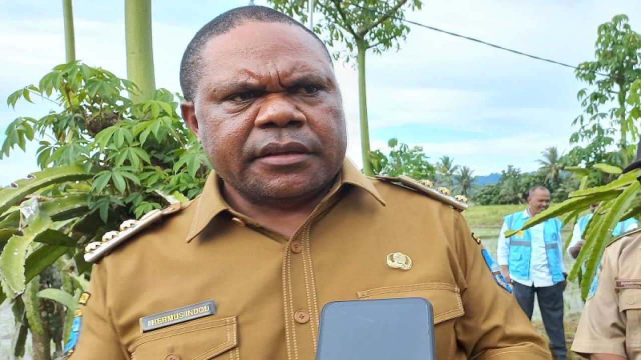 Bupati Manokwari Hermus Indou diwawancara awak media di Manokwari, Selasa (21/2/2023). (ANTARA/Fransiskus Salu Weking)