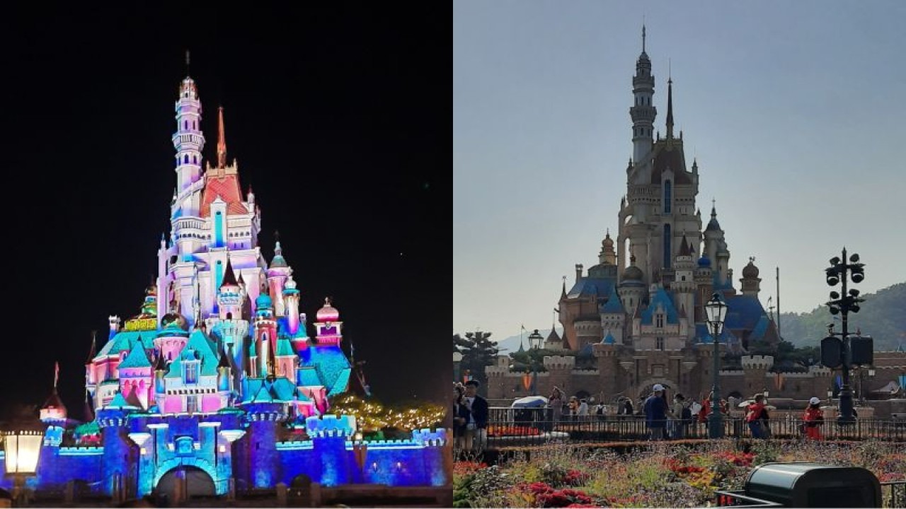 Pertujukan "Momentous" Castle of Magical Dreams malam (kiri) dan suasana area Castle of Magical Dreams pada pada 17 Februari 2023 sore hari. (ANTARA/Lia Wanadriani Santosa)