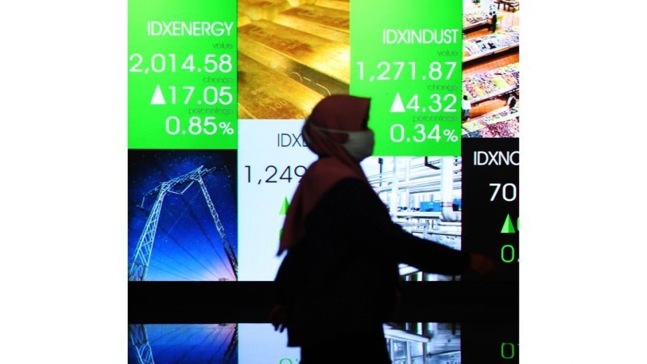Seorang wanita melintas di depan layar digital pergerakan harga saham di gedung BEI, Jakarta, Selasa (11/10/2022). ANTARA FOTO/Akbar Nugroho Gumay/hp.