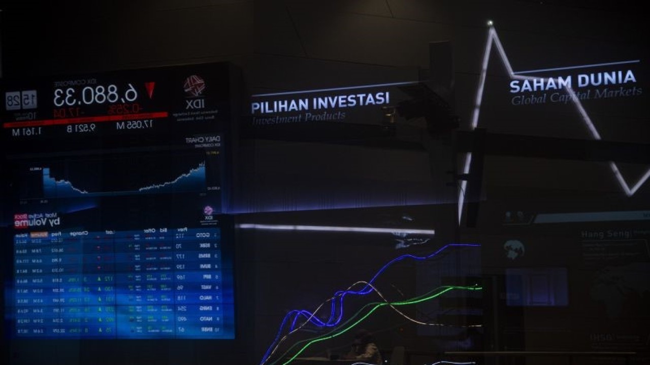 Refleksi kaca seorang karyawan berada di dekat layar pergerakan Indeks Harga Saham Gabungan (IHSG) di Bursa Efek Indonesia, Jakarta, Jumat (10/2/2023). Perdagangan IHSG di akhir pekan ini ditutup melemah 17,04 poin atau 0,25 persen ke posisi 6.880,3. ANTARA FOTO/Sigid Kurniawan/YU (ANTARA FOTO/SIGID KURNIAWAN)