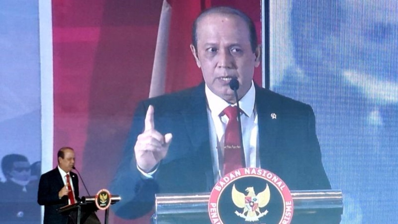 Kepala BNPT Komjen Pol. Boy Rafli Amar di Jakarta, Senin malam (20/2/2023) saat membuka Rakernas FKPT X-2023. (ANTARA/iskandar Zulkarnaen)