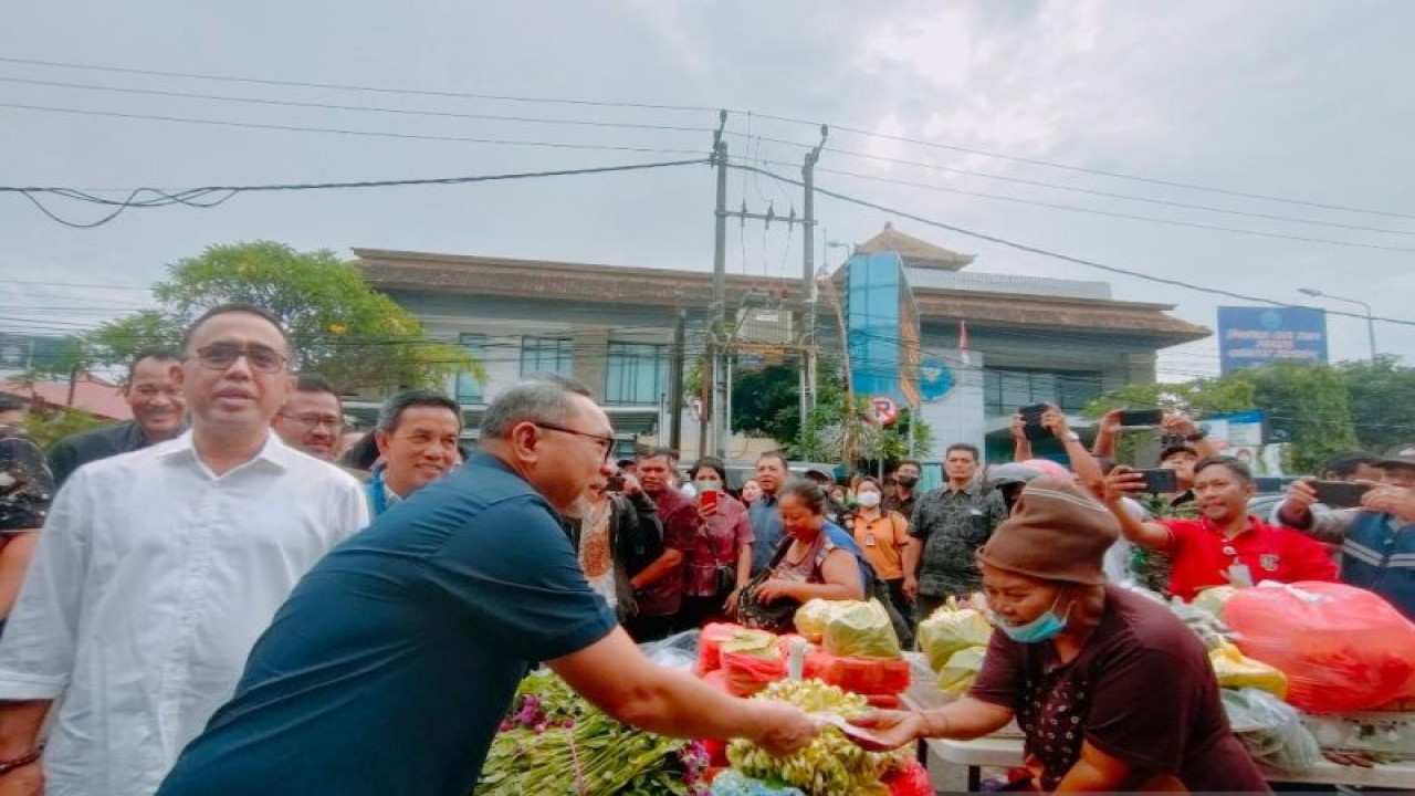 Wali Kota Denpasar I Gusti Ngurah Jaya Negara (baju putih) saat mendampingi kunjungan Menteri Perdagangan Zulkifli Hasan (baju biru) di Pasar Kereneng Denpasar, Sabtu (4/2/2023). ANTARA/Ni Luh Rhismawati.